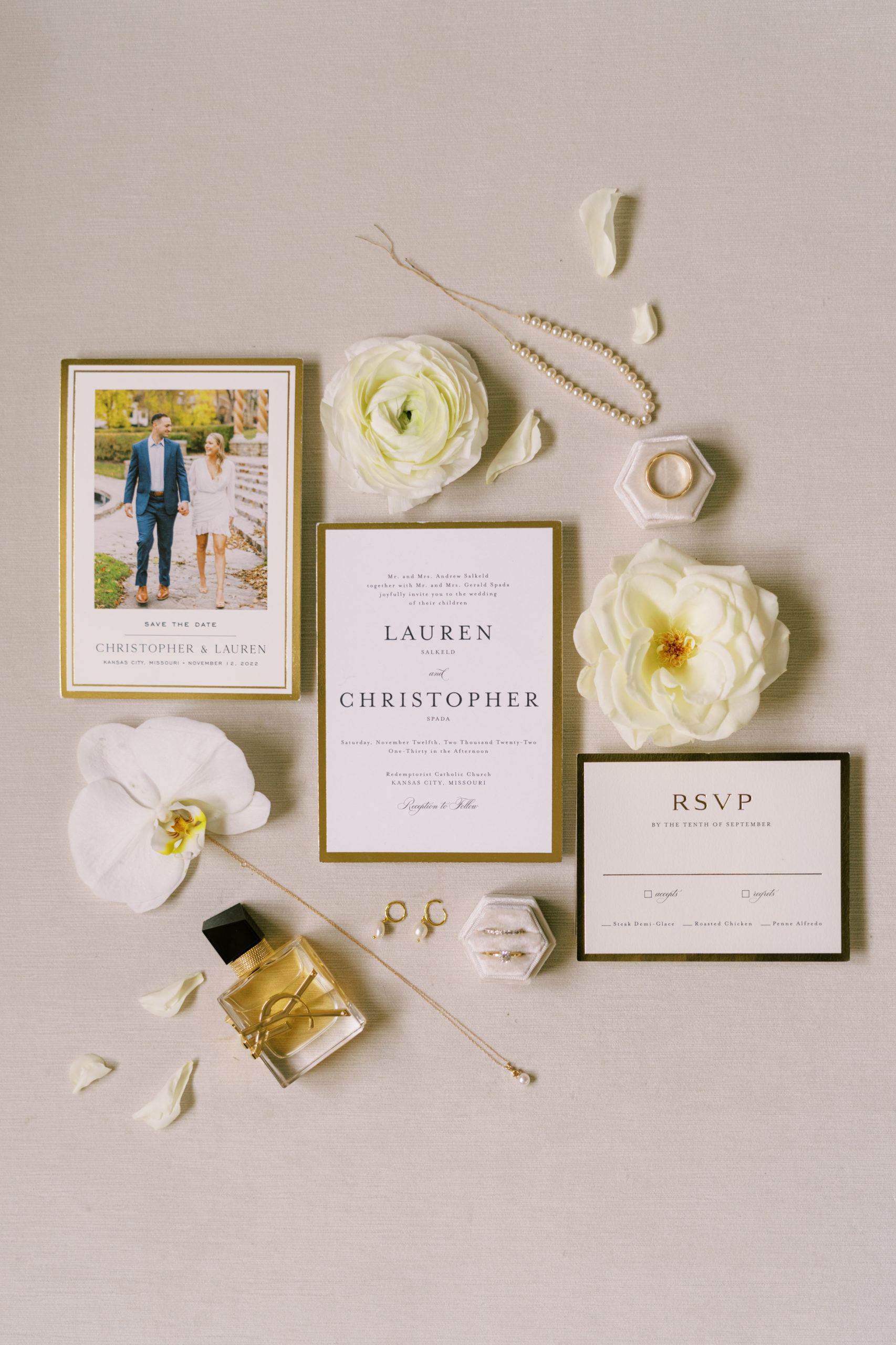 Wedding details. Flat lay of the invitation.